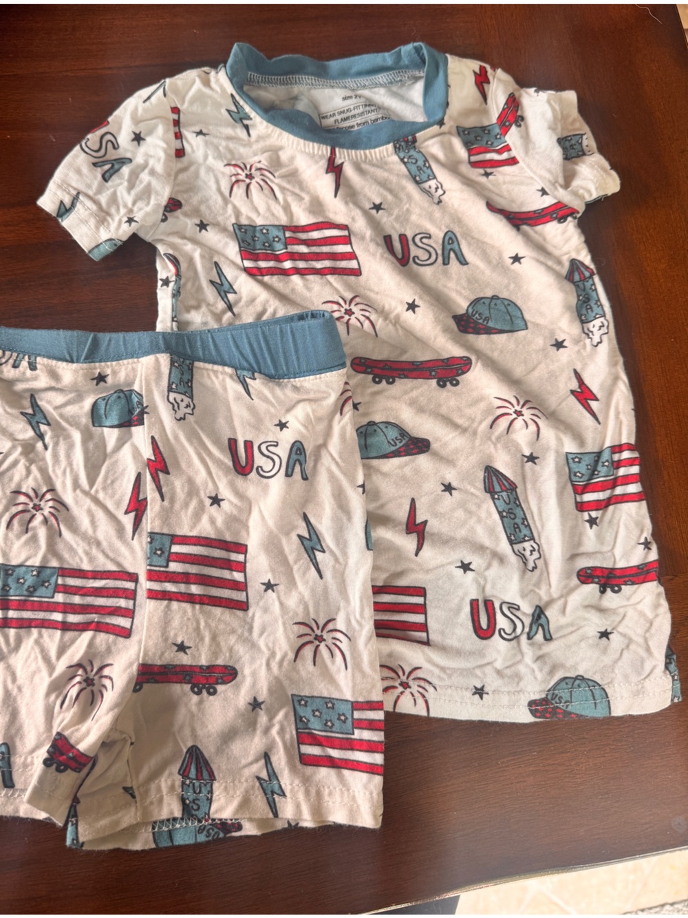 Bamboo Pajama Set - White with Red & Blue